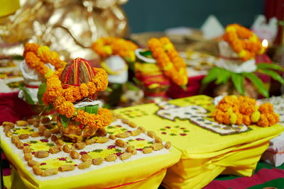 Close-up of food served on table