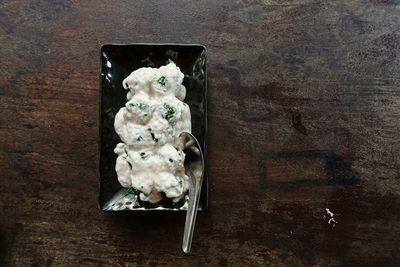 High angle view of ice cream on table