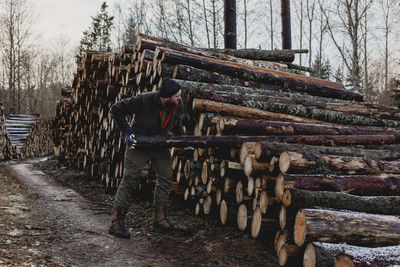 Man stacking logs