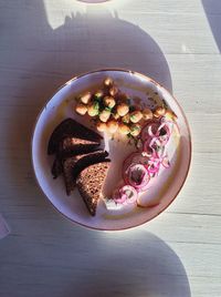 High angle view of breakfast served on table