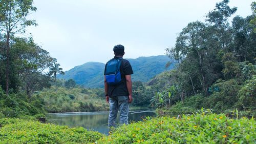 Rear view of man looking at mountain against sky