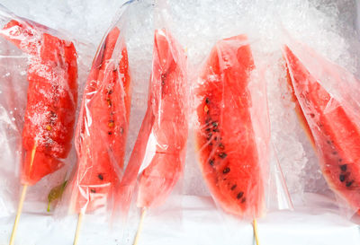 Close-up of watermelon slices on ice