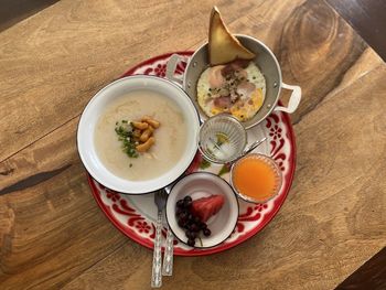 High angle view of meal served on table