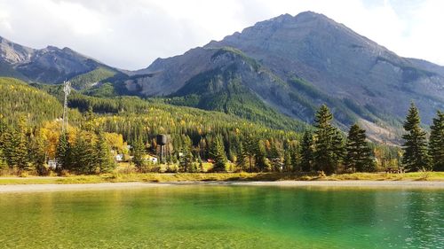 Scenic view of lake and mountains against sky