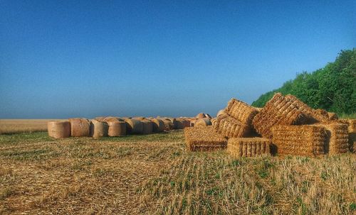 Hay bales on field against clear blue sky