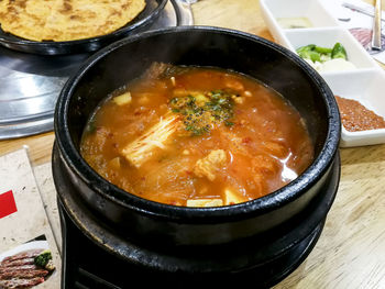 High angle view of soup in bowl on table