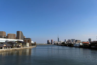 River by buildings against clear blue sky