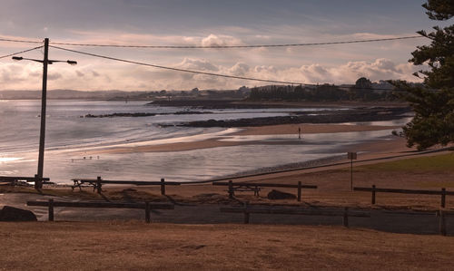 Scenic view of beach against sky during sunset