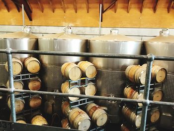 Close-up of wine cellars in factory