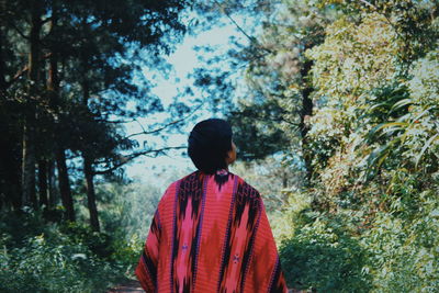 Rear view of young man standing amidst trees in forest