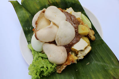 High angle view of food served on plate