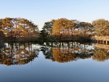 Reflection of trees in lake against sky during autumn