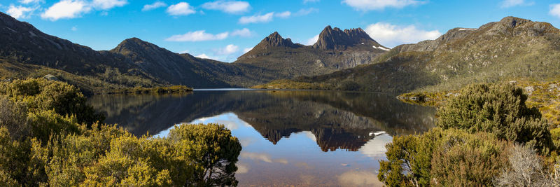 Scenic view of lake and mountains against sky