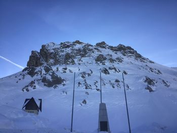 Low angle view of snowcapped mountain against clear sky