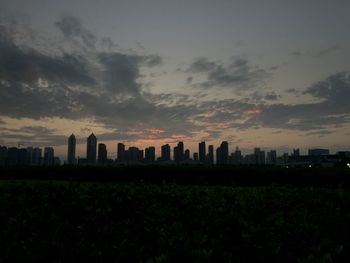 City skyline at sunset