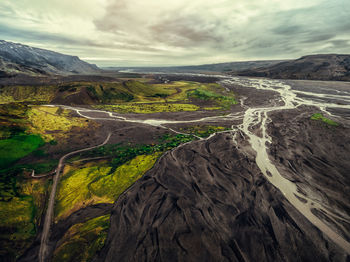 High angle view of land against sky