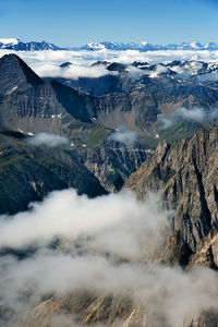 Aerial view of snowcapped mountains against sky