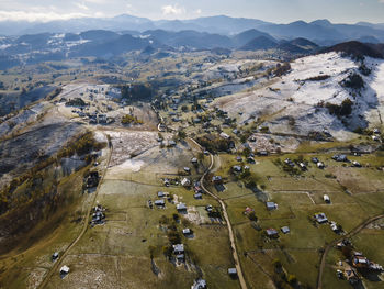 High angle view of land and mountains