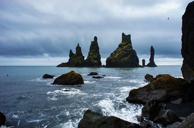 Reynisdrangar basalt sea stacks, mountain reynisfjall vik, iceland cliffs black beach atlantic ocean