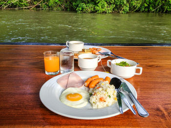 High angle view of breakfast served on table