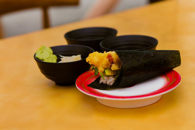 High angle view of sushi in plate on table