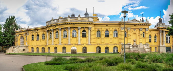 Thermal szechenyi medicinal bath in budapest, hungary, on a sunny summer morning