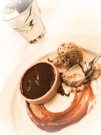 High angle view of chocolate cake in coffee cup