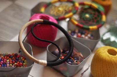 Close-up of multi colored candies on table