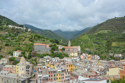 High angle view of townscape against sky