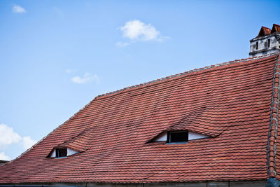 Low angle view of house roof against sky