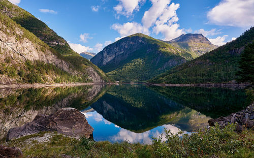 Scenic view of lake and mountains against sky