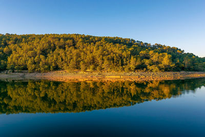 Scenic view of lake against clear sky during autumn