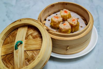 High angle view of food in container on table