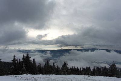 Scenic view of snow covered land against sky