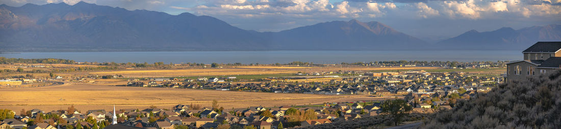 High angle view of land against sky