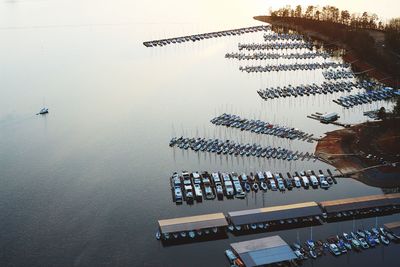 Aerial view of marina at sunset