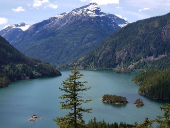 Scenic view of lake and mountains against sky