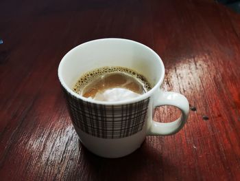 High angle view of coffee cup on table