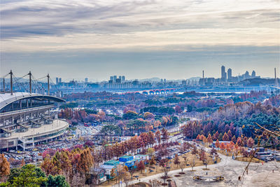 High angle view of cityscape against sky during sunset