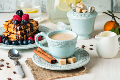 High angle view of breakfast served on table