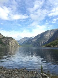 Scenic view of lake and mountains against sky