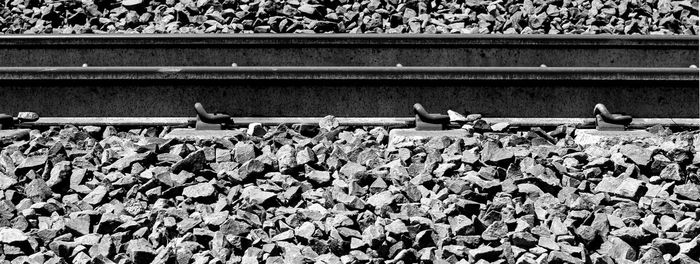 High angle view of birds on railroad track