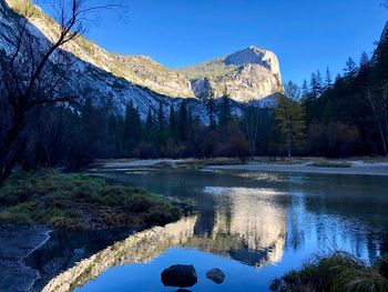 Scenic view of lake by snowcapped mountains against sky