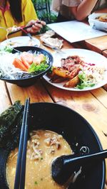 High angle view of meal served on table