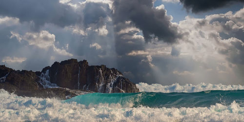 Panoramic view of sea and mountains against sky