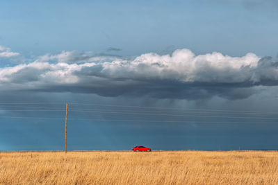 Scenic view of field with car in background against sky