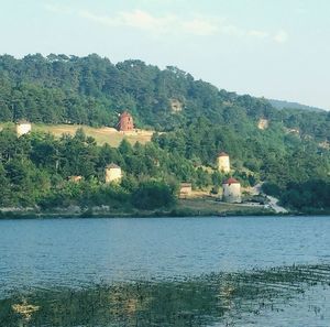 Scenic view of lake with mountain in background