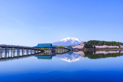 Scenic view of lake against clear blue sky.cherry blossom 