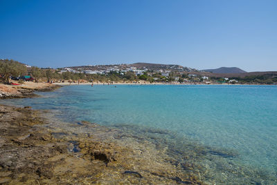 Scenic view of sea against clear blue sky