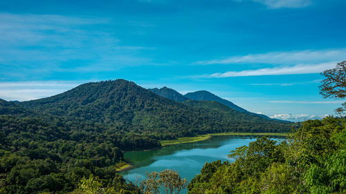 Scenic view of lake and mountains against sky